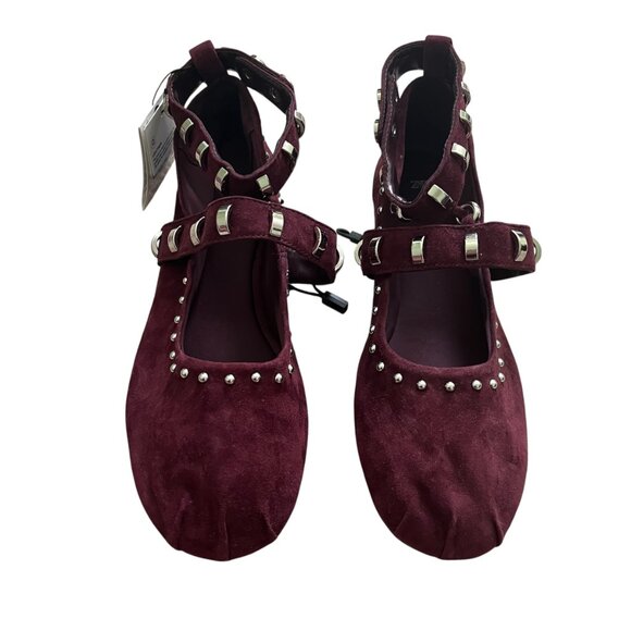 Zara Studded Suede Ballet Flats - Burgundy Red - Size 10 - Ankle Strap - Chic - Picture 3 of 9